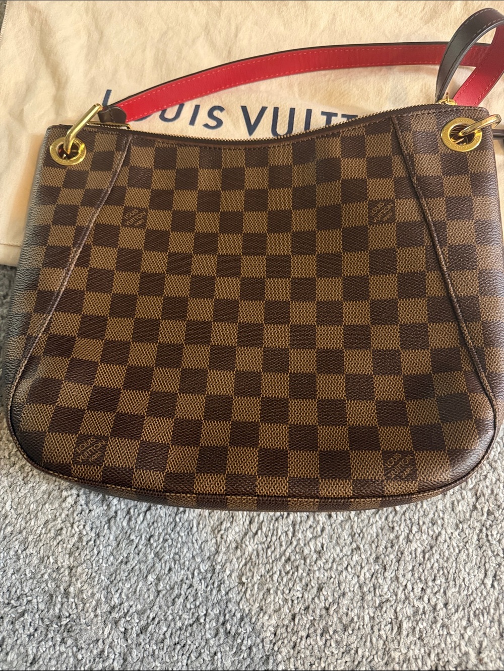 Louis Vuitton Brown Damier Shoulder Bag with Red Strap Accent - Picture 2 of 10